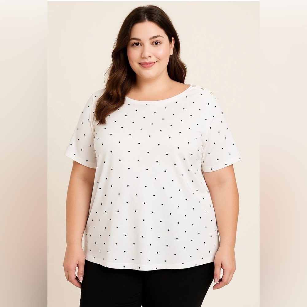 Croft & Barrow Women  Blouse White Black Polka Dots Short Sleeve Button Shoulder
